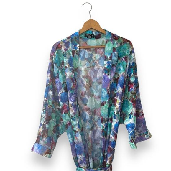 PatBO Blossom Beach Robe in Violet Open Front Waist Tie Purple Blue Chiffon - Picture 3 of 10